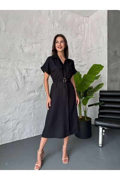 Elif Özbey Butik Black Buttoned Slim Gabardine Dress