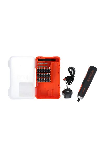 Black&Decker 3.6V Cordless Screwdriver with 30 Accessories and USB Charger Black and Orange