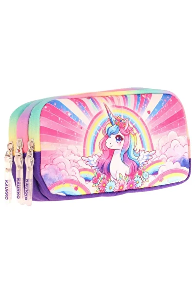 KAUKKO Kids Purple Pink, Unicorn, Girls' Three-Eye School Pencil Bag - L8249