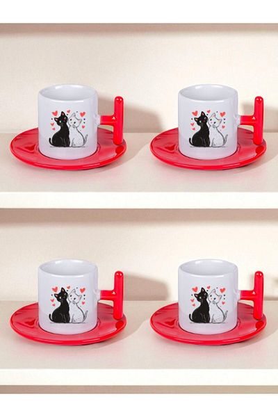 lili hediyelik Heart and Cat Printed Set of 4 Turkish Coffee Cups