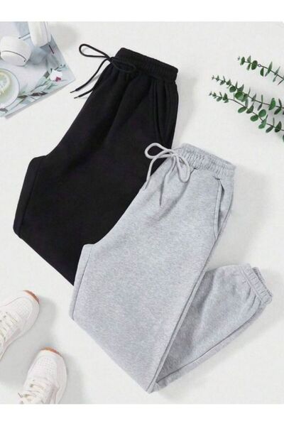ervafashion 2-paket crnih i sivih ležernih dnevnih sezonih džogera sa dva kon...
