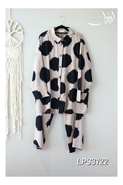 LINELLE طقم منسق باللونين البيج والأسود - قميص وبنطال مطبوعان بالبولكا من مزي...