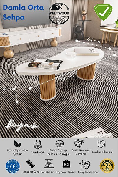 BebeK on For Weltwood Damla Orta Sehpa, 2 Kat 36 Mm Tabla, Beyaz, 118x64 Cm, Dayanıklı %100 Mdf Ve Kayın Ağacı