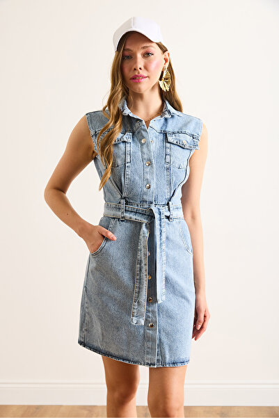 Olalook Rochie cămașă mini din denim cu curea albastră medie pentru femei ELB-19002479