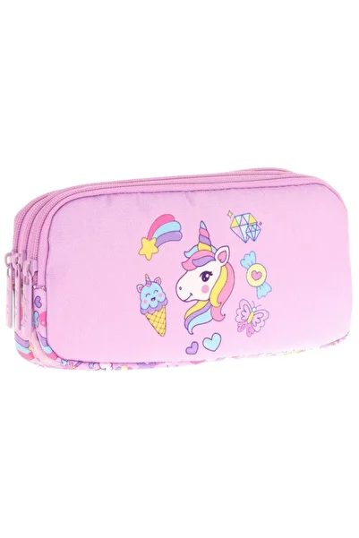 KAUKKO Kids Three Compartment Lilac, Unicorn, Girls' School Pencil Bag - L8215