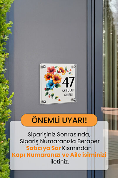 Morimora Canlı Çiçek Motifli Kişiye Özel Kapı Numarası ve Aile İsmi Tabelası