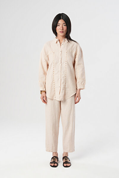 Orfeo Negro Women's Light Beige Shirt with Lace Details on the Front and Sleeves