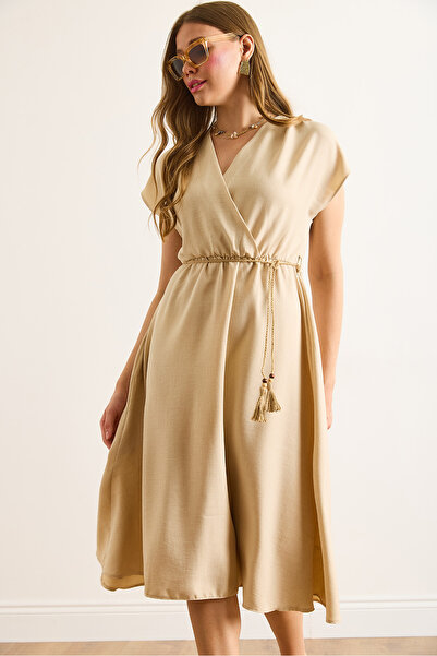 Olalook Rochie de damă bej din paie cu șireturi, talie elastică ELB-19002486