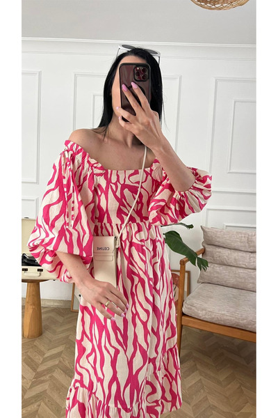 My Blog Pembe %100 Pamuk Balon Kol Desenli Elbise