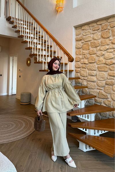 lurex moda Linen Balloon Sleeve Half Button Suit