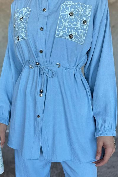 julude Set de două piese albastru deschis cu broderie în talie și pantaloni hijab