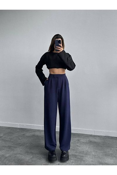 Butik Navy Blue Velcro Waist Palazzo Trousers