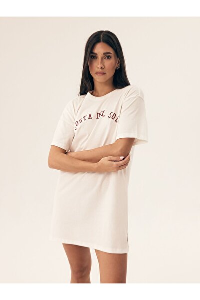 Henderson Cămașă de noapte clasică pentru femei, confortabilă și practică, moale, croială lungă, mânecă scurtă și text | Nimes