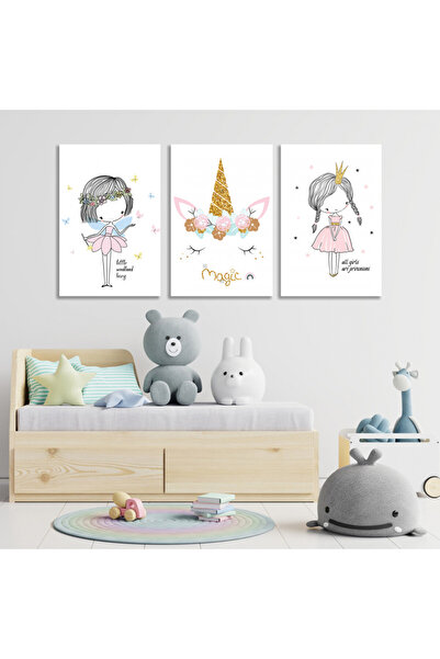 4gdran ثلاث لوحات قماشية مودرن لغرف الأطفال مع برواز ذهبي مجوف