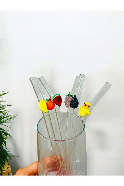 nazarboncuğu Transparent Environmentally Friendly Set of 6 Glass Straws with Glass Straw Figures