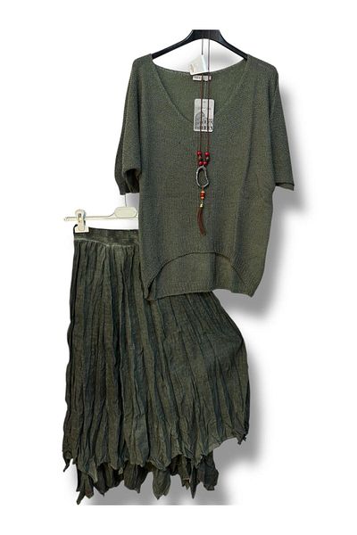 AGORATEKSTİL Women's Cotton Lined Skirt and Mercerized Blouse Combination with Necklace