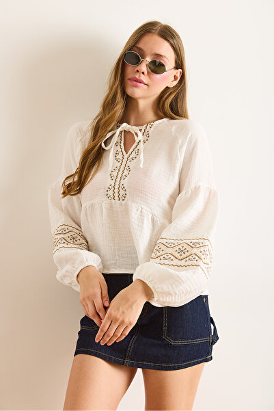 Olalook Γυναικεία Λεπτομερής Μπλούζα Bohemian Muslin με Κέντημα Λευκό Βιζόν BLZ-19003058