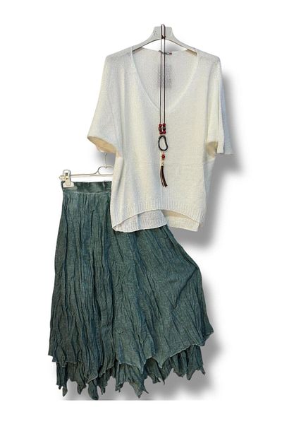 AGORATEKSTİL Women's Cotton Lined Skirt and Mercerized Blouse Combination with Necklace