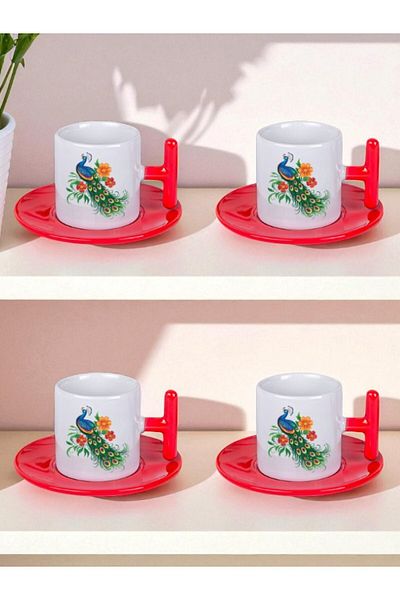 lili hediyelik Floral Peacock Printed Set of 4 Turkish Coffee Cups