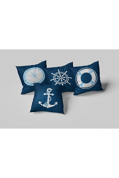 Karkan Tekstil Set de perne decorative cu două fețe Blue Harbor - cu model de cârmă, busolă, ancoră și salvagă