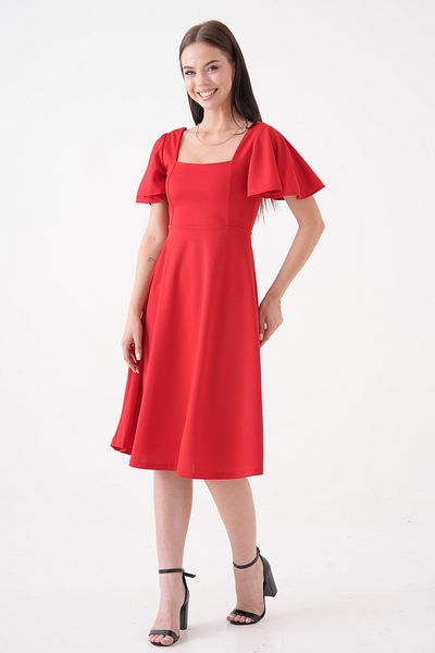 vuvutasarım New Season Sleeve Detail Flexible Scuba Crepe Fabric Square Collar Midi Length Women's Evening Dress Graduation Dress 082