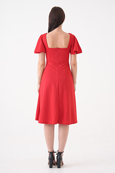 vuvutasarım New Season Sleeve Detail Flexible Scuba Crepe Fabric Square Collar Midi Length Women's Evening Dress Graduation Dress 082