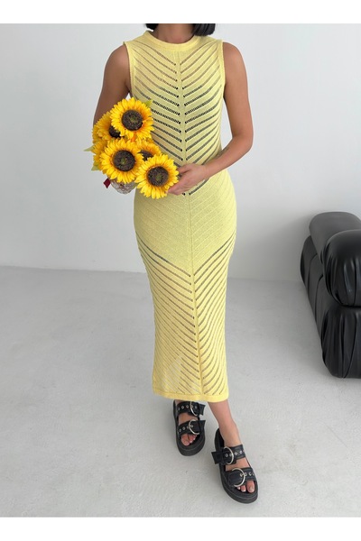 Zenea Κίτρινο Πλεκτό Φόρεμα Παραλίας με σχισμές