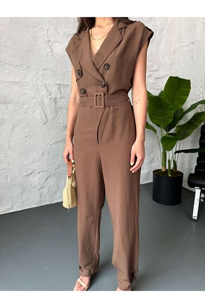 Elif Özbey Butik Brown Four Button Linen Jumpsuit