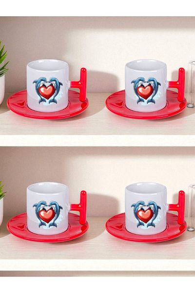 lili hediyelik Heart and Dolphin Printed Set of 4 Turkish Coffee Cups
