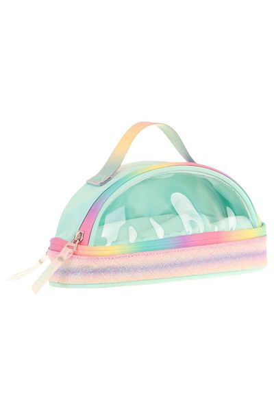 KAUKKO Crescent Carrying Handle Girl's Two-Eye Pen Holder - Turquoise, Transparent Pocket - K2735