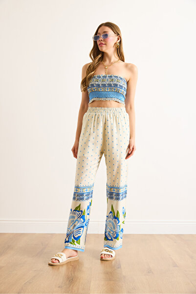 Olalook Women's White Blue Pocket Pants Strapless Blouse Viscose Suit Tkm-19000407