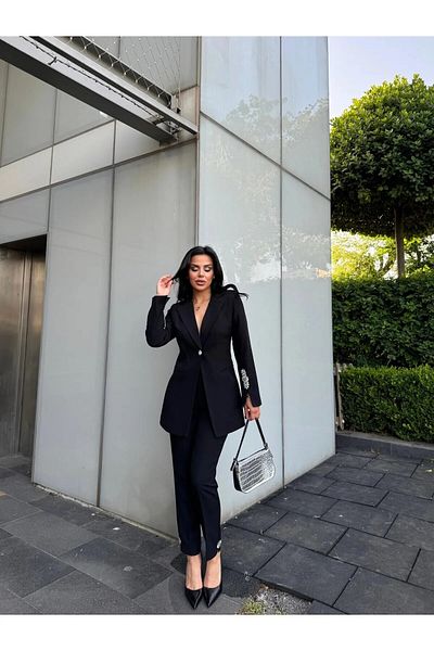 LOBOLIC Women's Stone Detailed Jacket Pants Suit- Bottom Top Set