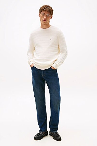 Tommy Hilfiger Erkek Dokulu Çizgili Bisiklet Yaka Triko Kazak - Krem