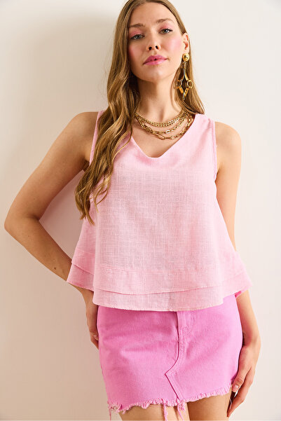 Olalook Women's Pink V-Neck Linen Look Flam Bell Blouse Blz-19003060