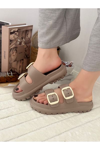 Ayakkabı Durağı Women's Daily Slippers Double Strap Adjustable Buckle Slippers Eva Soft Orthopedic Sole Mink
