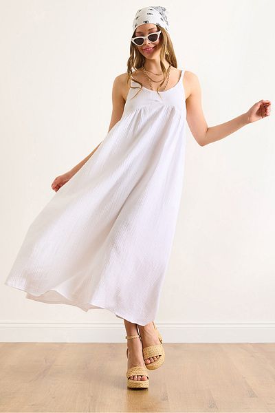 Olalook Γυναικείο Φόρεμα Maxi Muslin με λευκό λουράκι ELB-19002481