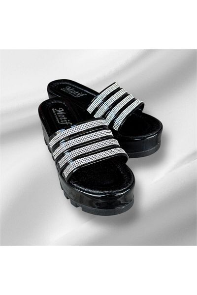İpek Silk Women's Black Patent Leather Wedge-Heeled Stone Platform Soft Orthopedic Sole Slippers