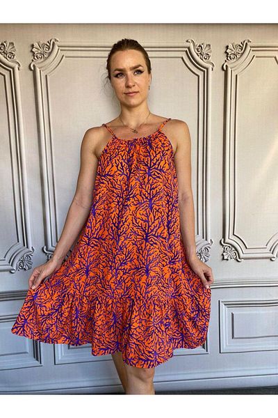 AGORATEKSTİL Women's Short Coral Pattern Viscose Fabric Dress with Rope Strap
