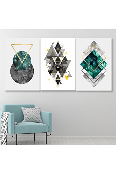 Marktna ثلاث لوحات قماشية بتصميم رسم هندسي مع برواز بني مجوف