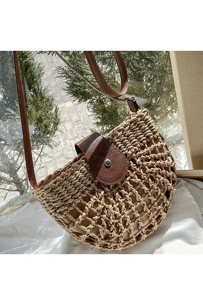 ELİŞİ MODA Handmade Hand Knitted Paper String Straw Bag, Lined, Zippered and Top Closure Shoulder Bag with Strap
