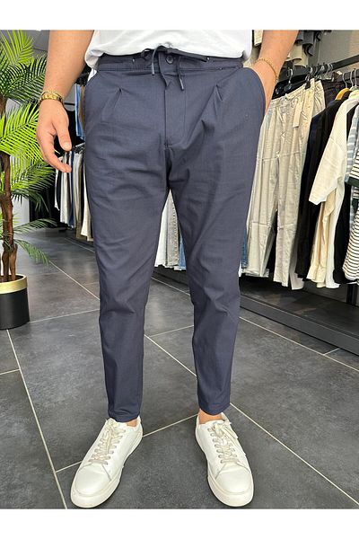 MODA Imported Fabric Pleated Trousers Navy Blue
