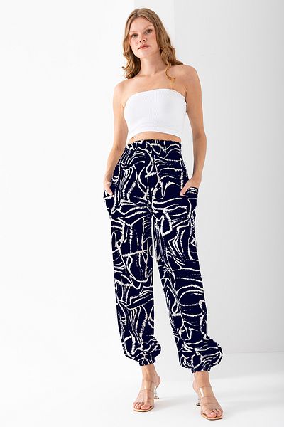 GİYSA Women's Mosaic Patterned Double Pocket Shalwar Trousers Navy Blue - 2460
