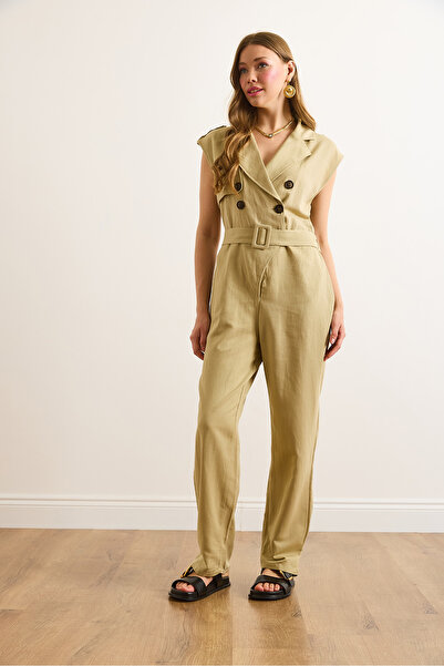 Olalook Women's Stone Double Breasted Collar Belted Epaulettes Linen Look Jumpsuit Tlm-19000165