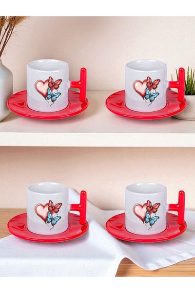 lili hediyelik Heart and Butterfly Printed Set of 4 Turkish Coffee Cups