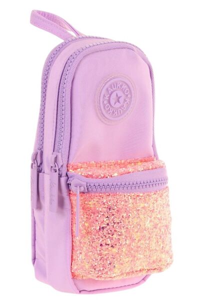 KAUKKO Çanta Şekilli Kız Çocuk Üç Bölmeli Kalemlik - Lila - Taşlı - K2720