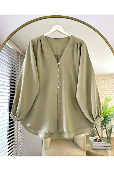 Bahar Altundemir Women's Tiny Button Detailed V-Neck Balloon Sleeve Khaki Hij...