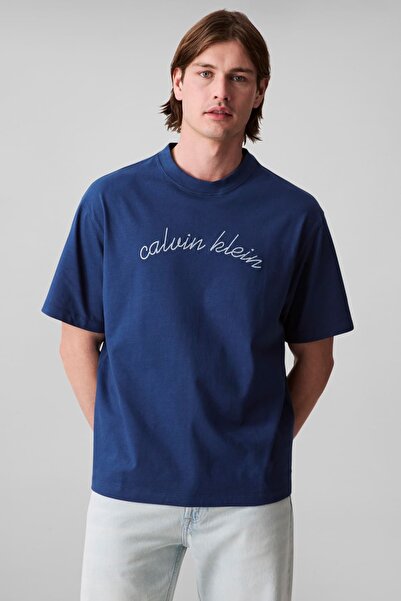 Calvin Klein Erkek Center Chain Stitch T-Shirt - Mavi