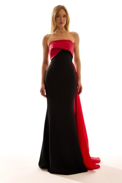 Elbisemhazır Straplez Drapeli Pelerin Detaylı Krep Kadın Uzun Abiye Elbise