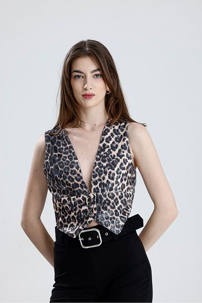 Sense Lined Fabric Covered Button Sequin Evening Dress Vest |   Ylk36126 Black Beige Leopard