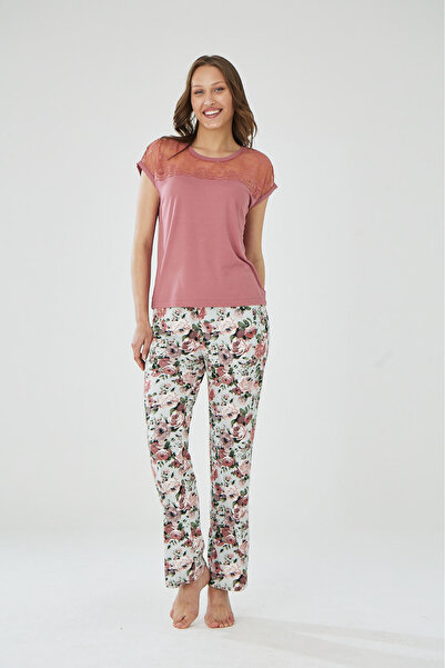 İPEKTENİM Піжамний комплект з мереживними деталями та квітковим візерунком